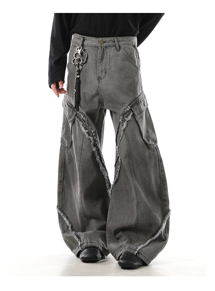 Men’s Vintage Deconstructed Denim Jeans – American Raw-Edge Curved Cut Wide-Leg Pants   FE0021