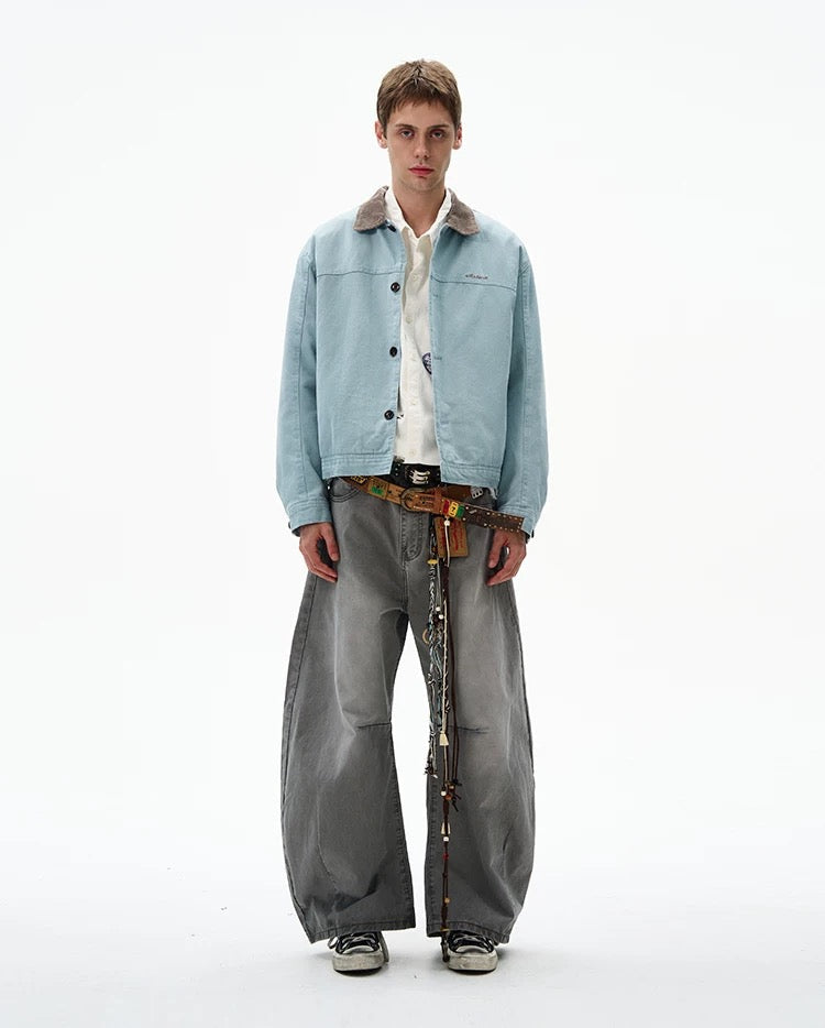Men’s Color-Block Workwear Jacket – American Retro Contrast Collar Utility Outerwear  FE0005