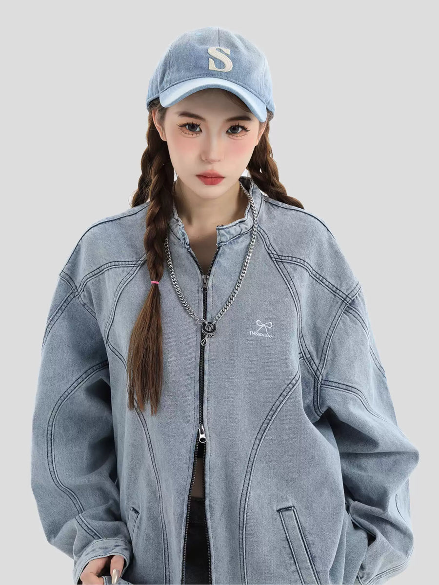 [INSstudios] WASHED DENIM JACKET ZIPPER FE0480