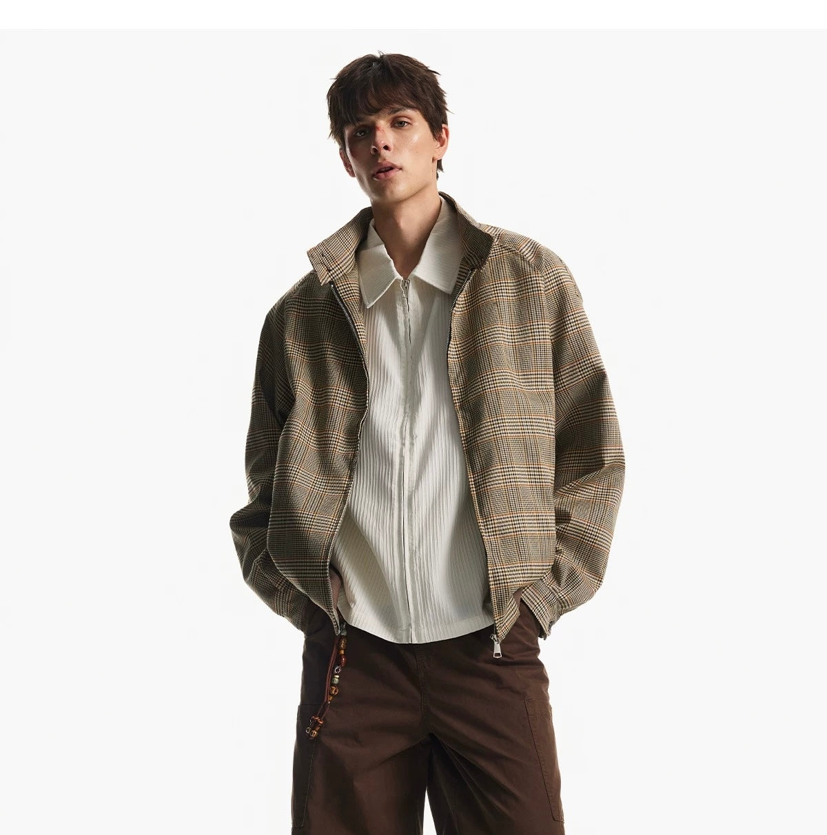 Men’s Houndstooth Harrington Jacket – American Retro Preppy Street Outerwear  FE0030