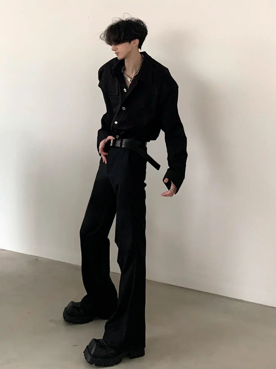 [AUTUMNWIND] BLACK SHOULDER PADS METAL PUNK SHIRT  FE0479