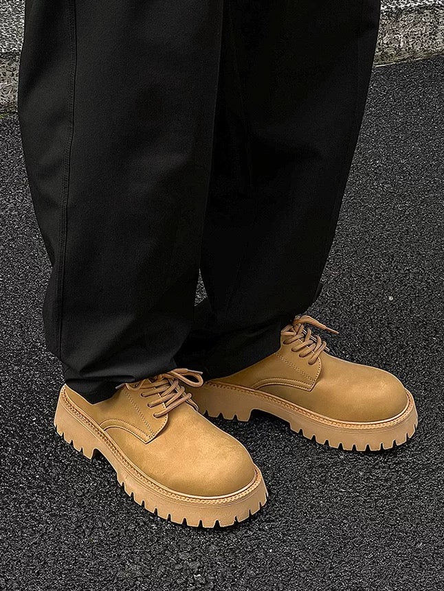 English-American Chunky Derby Shoes - Brown Workwear Leather with Mickey Mouse Detail (CleanFit Platform Shoes for Men) S0010