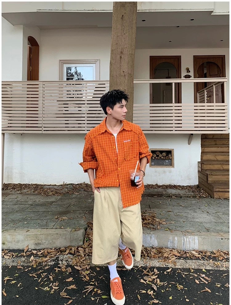 American Streetwear Orange Plaid Shirt   FE0352