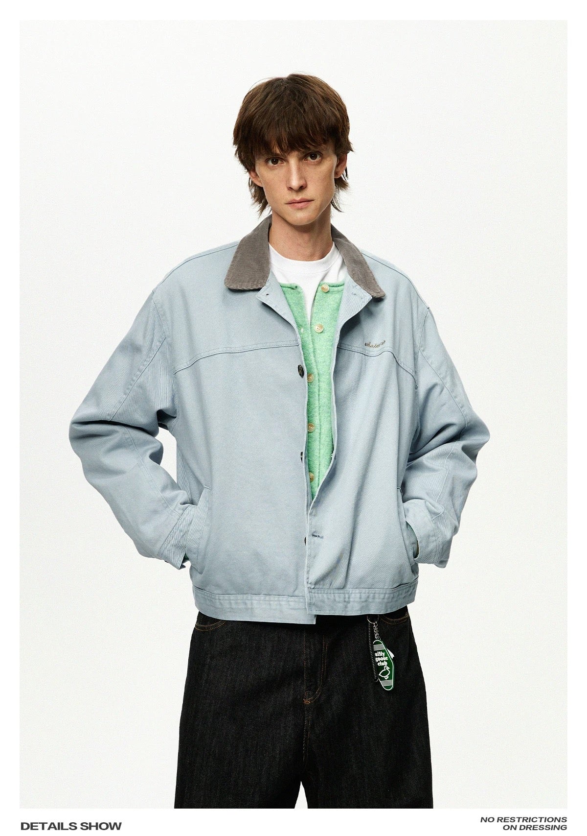 Men’s Color-Block Workwear Jacket – American Retro Contrast Collar Utility Outerwear  FE0005