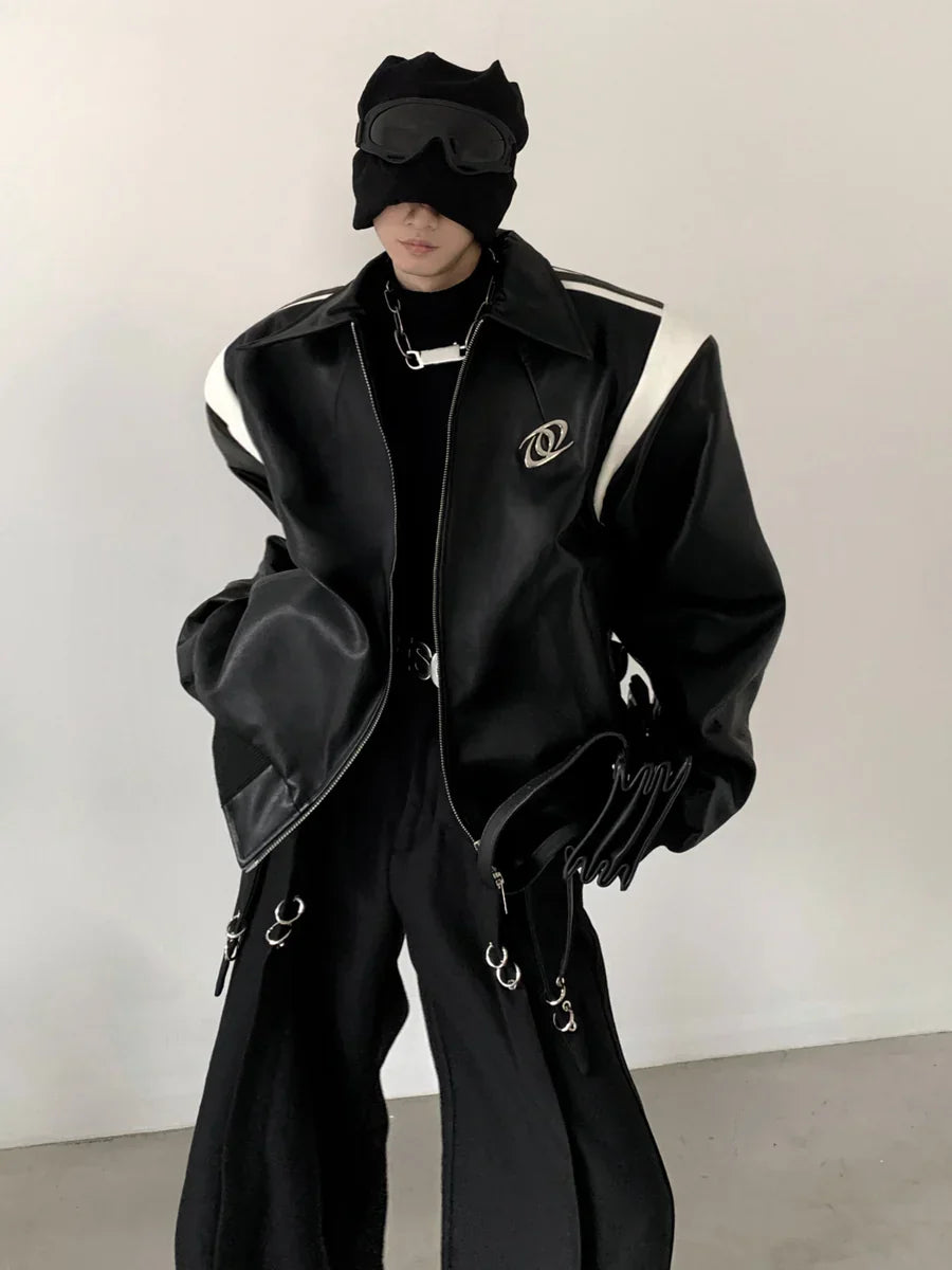 [AUTUMNWIND] BLACK COTTON THICKENED LEATHER JACKET FE0451
