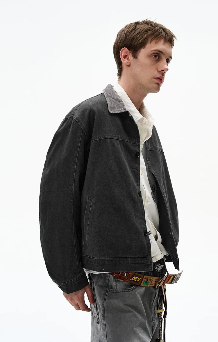 Men’s Color-Block Workwear Jacket – American Retro Contrast Collar Utility Outerwear  FE0005