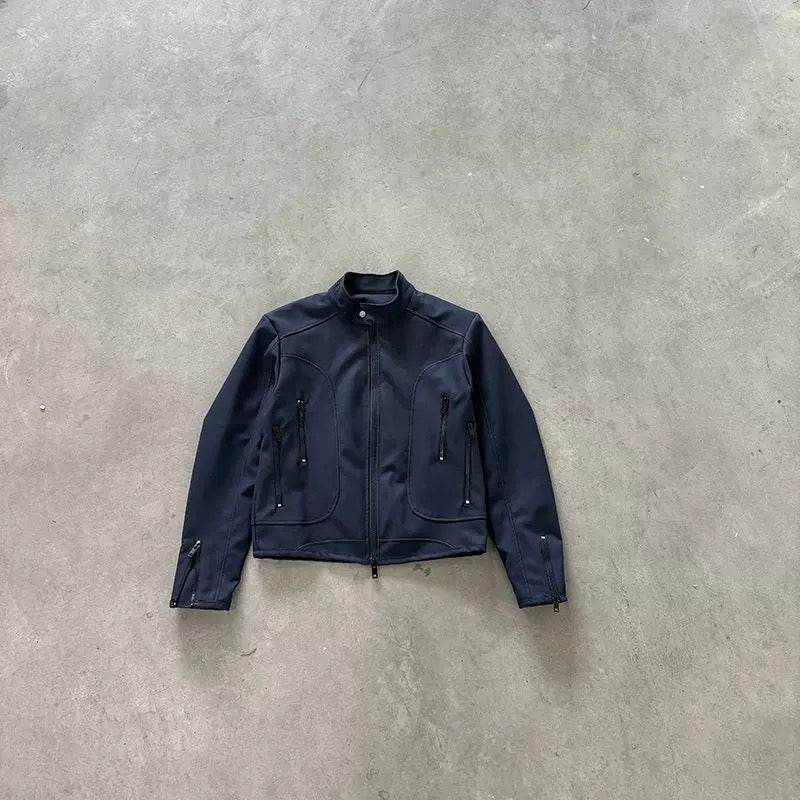 Men’s Deconstructed Patchwork Stand Collar Jacket – American Retro Street Outerwear FE0036