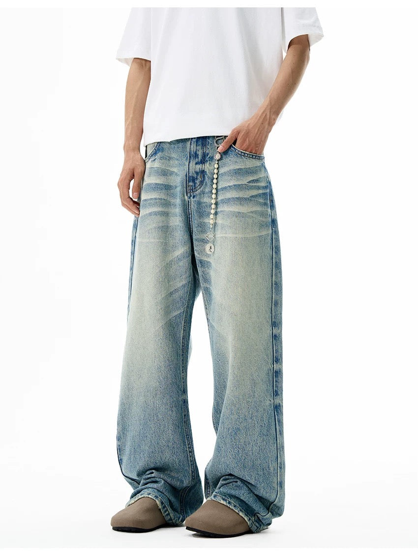 Men’s Clean Fit Light Blue Flare Jeans – American Retro Minimal Street Denim   FE0028