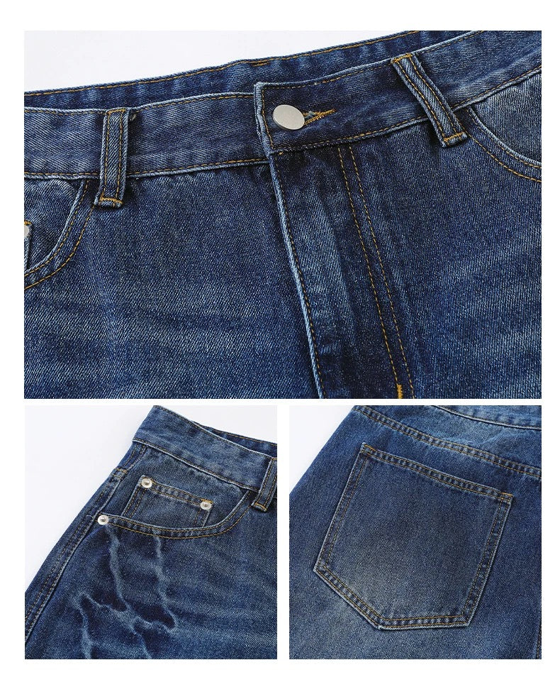 Men’s Vintage Washed Wide-Leg Jeans – American Retro Streetwear Denim   FE0037