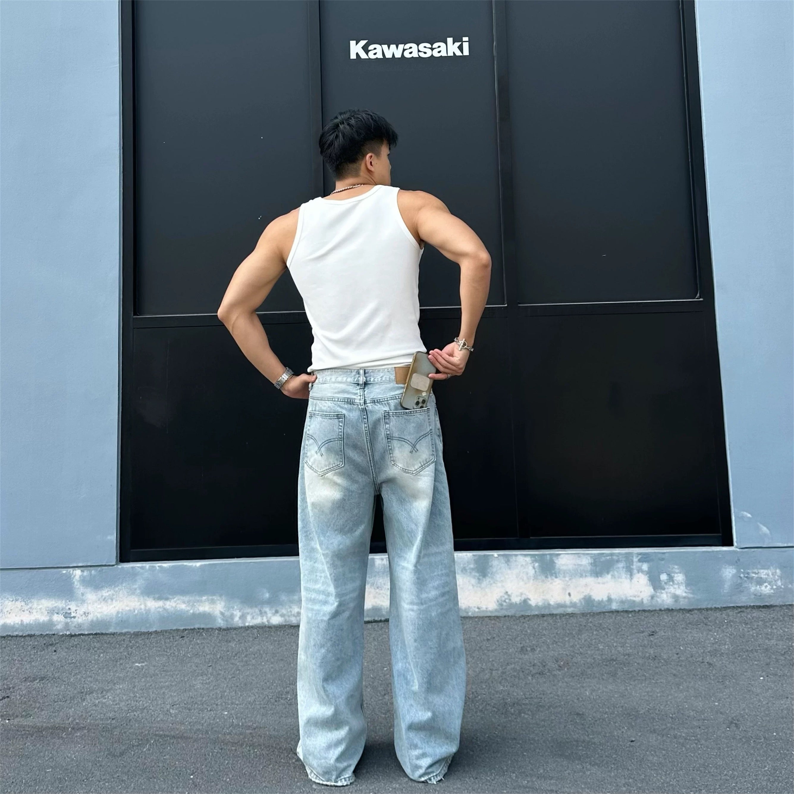 Men’s Vintage Wash Straight Leg Jeans Loose Fit Wide Leg Denim Pants  FE0012