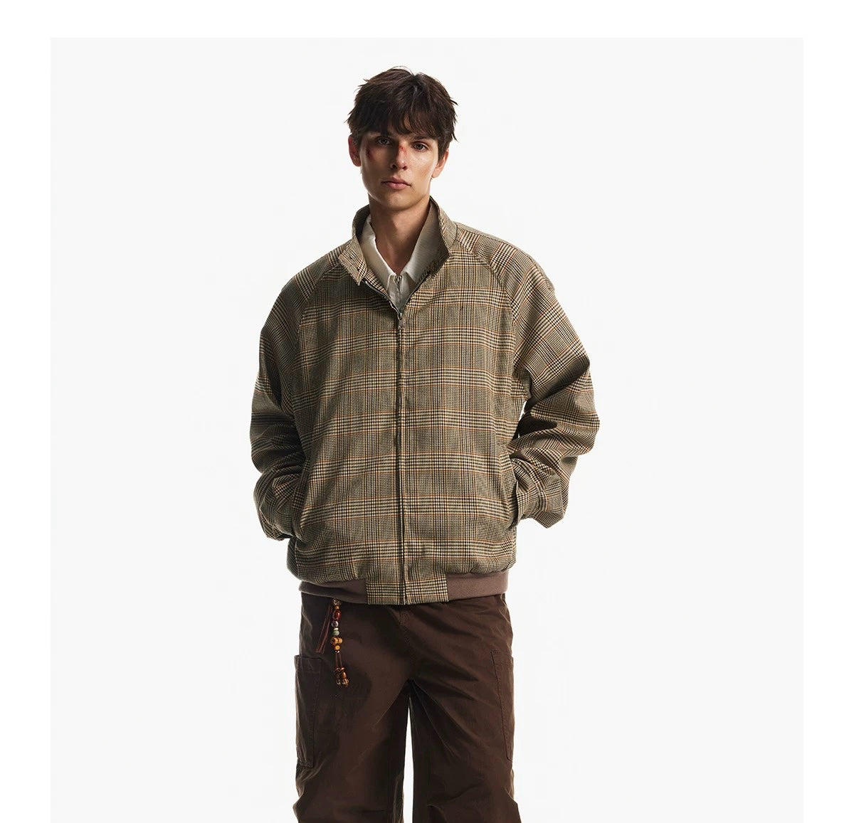 Men’s Houndstooth Harrington Jacket – American Retro Preppy Street Outerwear  FE0030