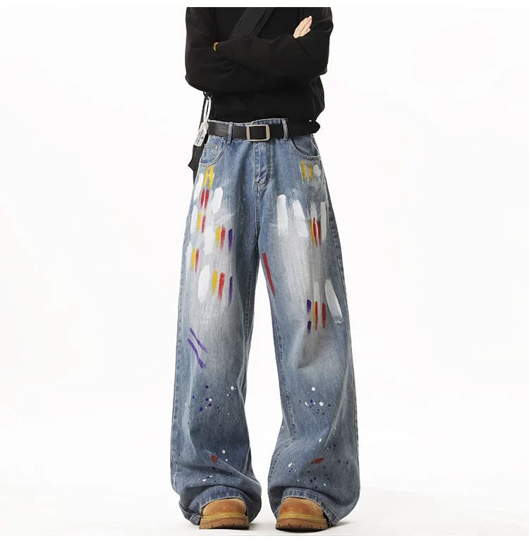 Men’s Graffiti Denim Jeans – Vintage American High Street Painted Streetwear Pants FE0053