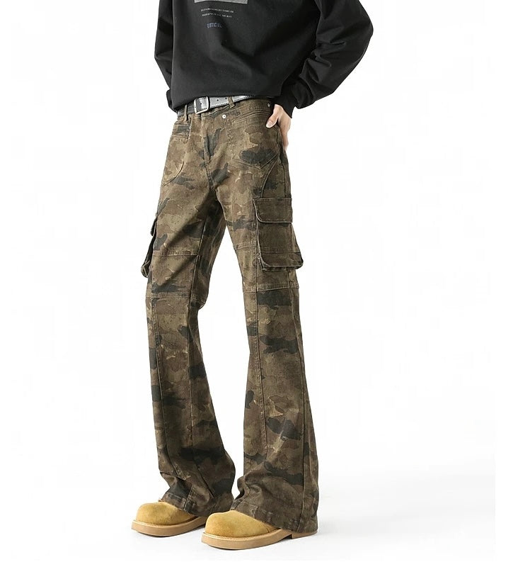 Men’s Camouflage Flared Cargo Jeans – American Vintage Workwear Street Denim   FE0302