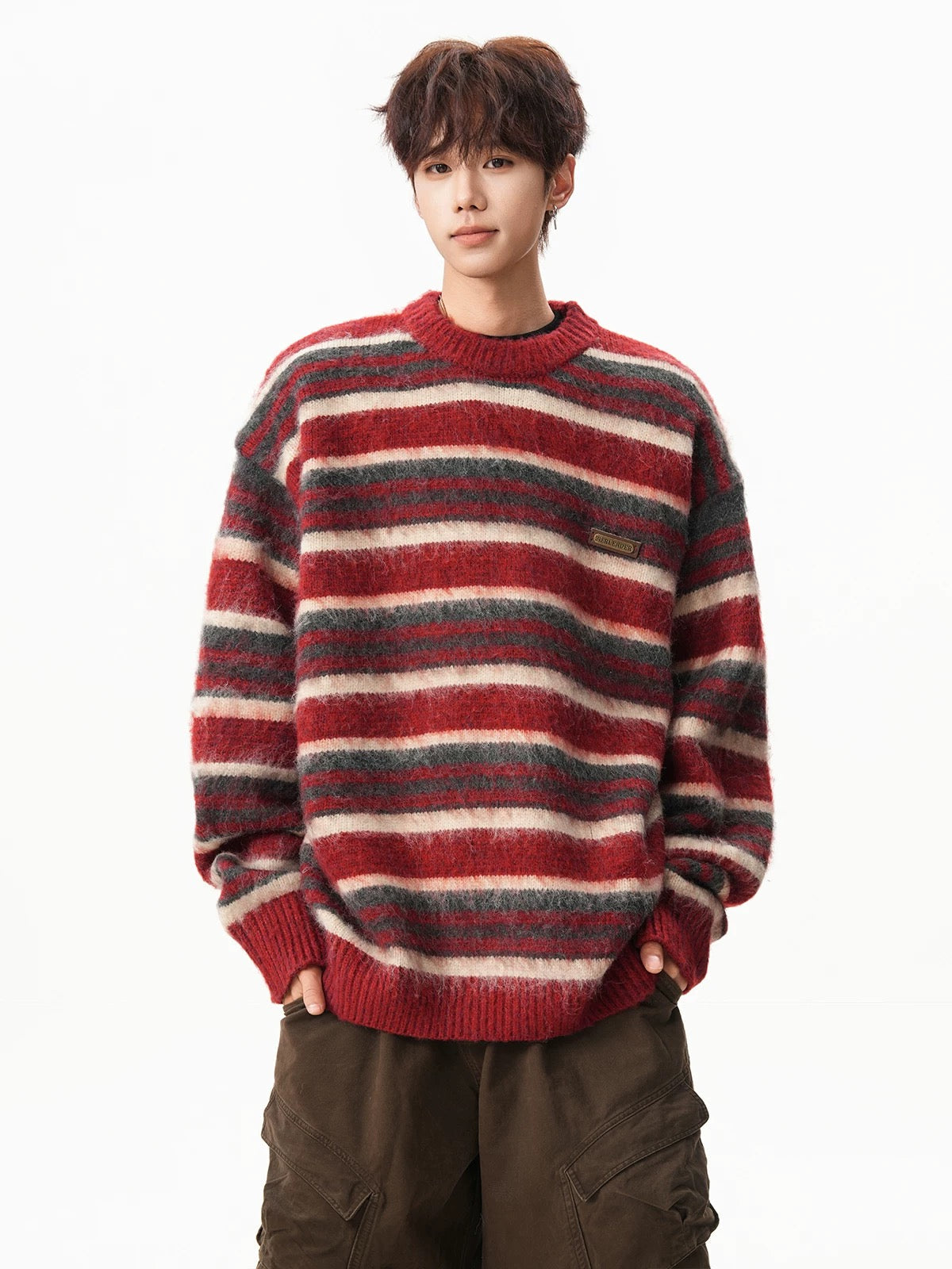 Men’s Vintage Red Striped Sweater – American Retro Knit Pullover   FE0027