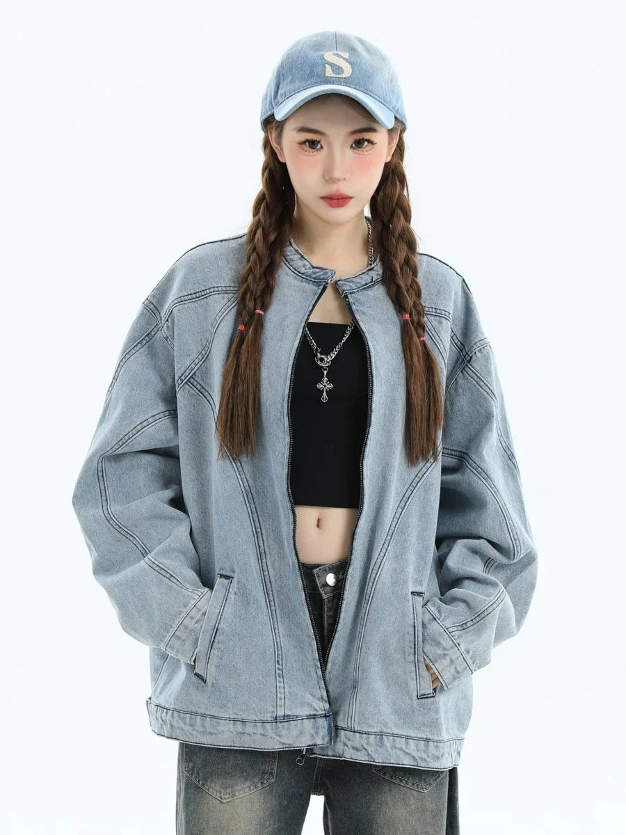 [INSstudios] WASHED DENIM JACKET ZIPPER FE0480