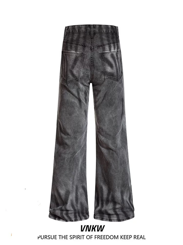 Men’s Smoke Washed Vintage Jeans – Distressed American Street Denim Pants   FE0311