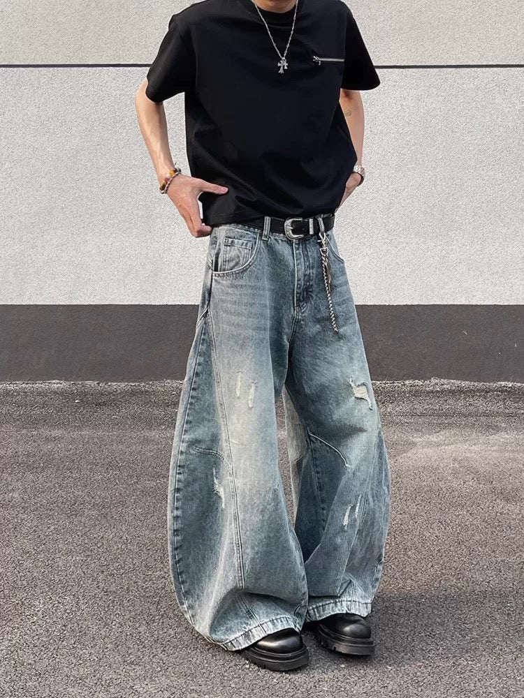 Men’s Vintage Ripped Wide-Leg Jeans – American Retro Streetwear Denim Pants   FE0018