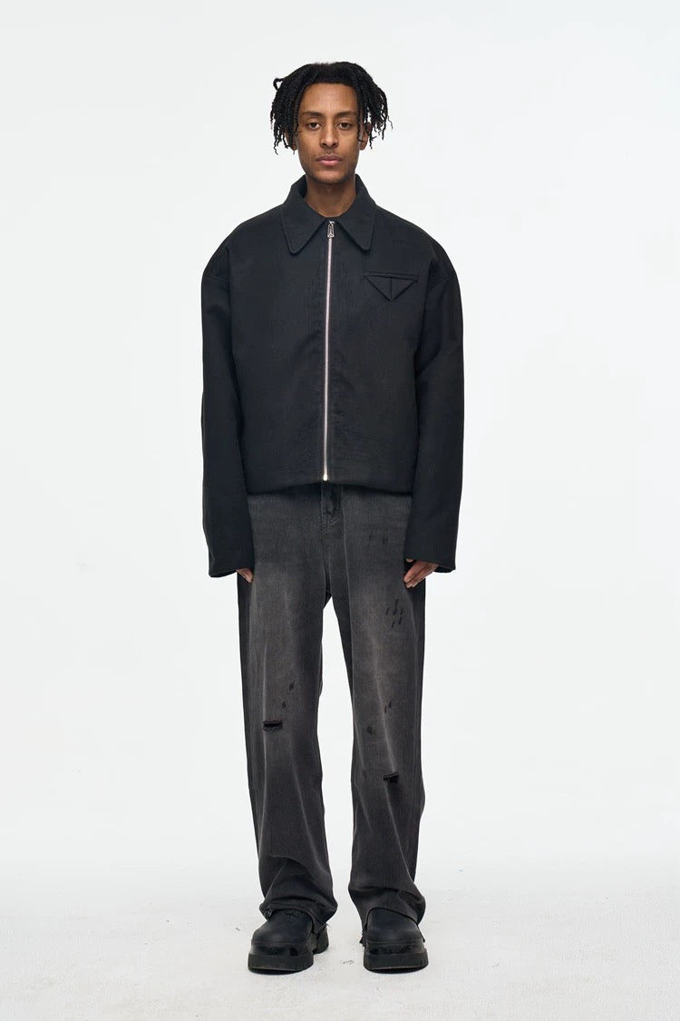 Men’s Retro Boxy Zip-Up Jacket – American Vintage Cropped Street Outerwear FE0035