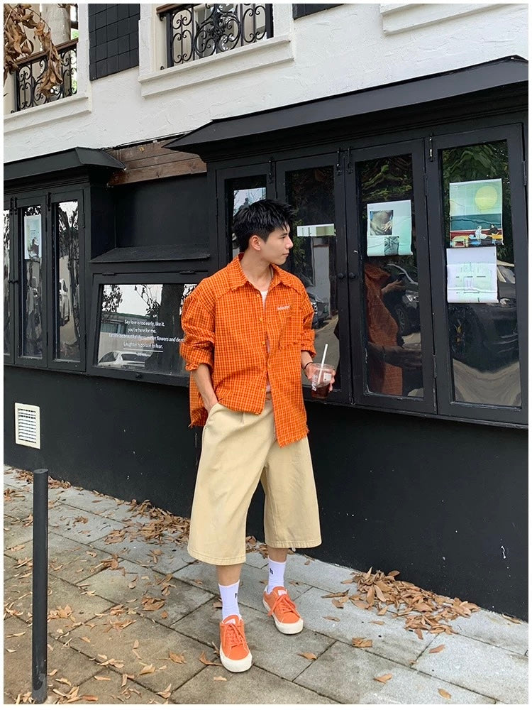 American Streetwear Orange Plaid Shirt   FE0352