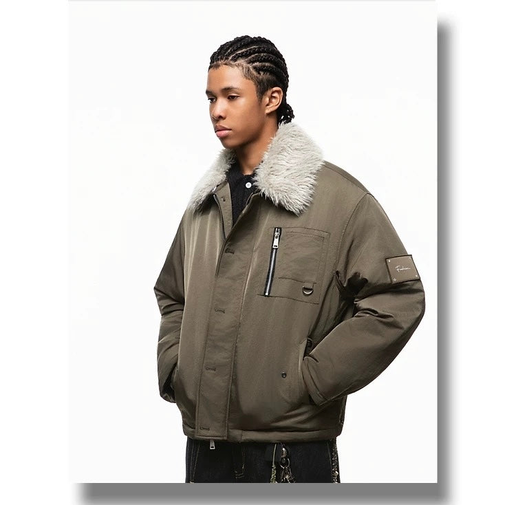 Men’s Detachable Fur Collar Padded Jacket – American Retro Winter Street Outerwear FE0040