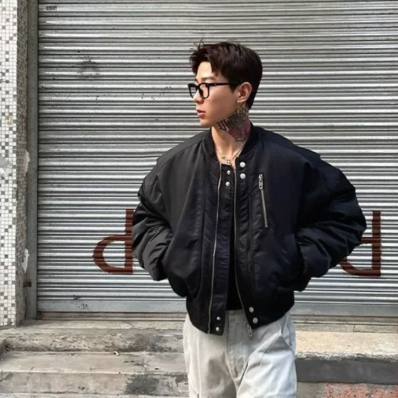 Men’s Cropped Bomber Puffer Jacket – American High Street Short Cotton Outerwear   FE0025