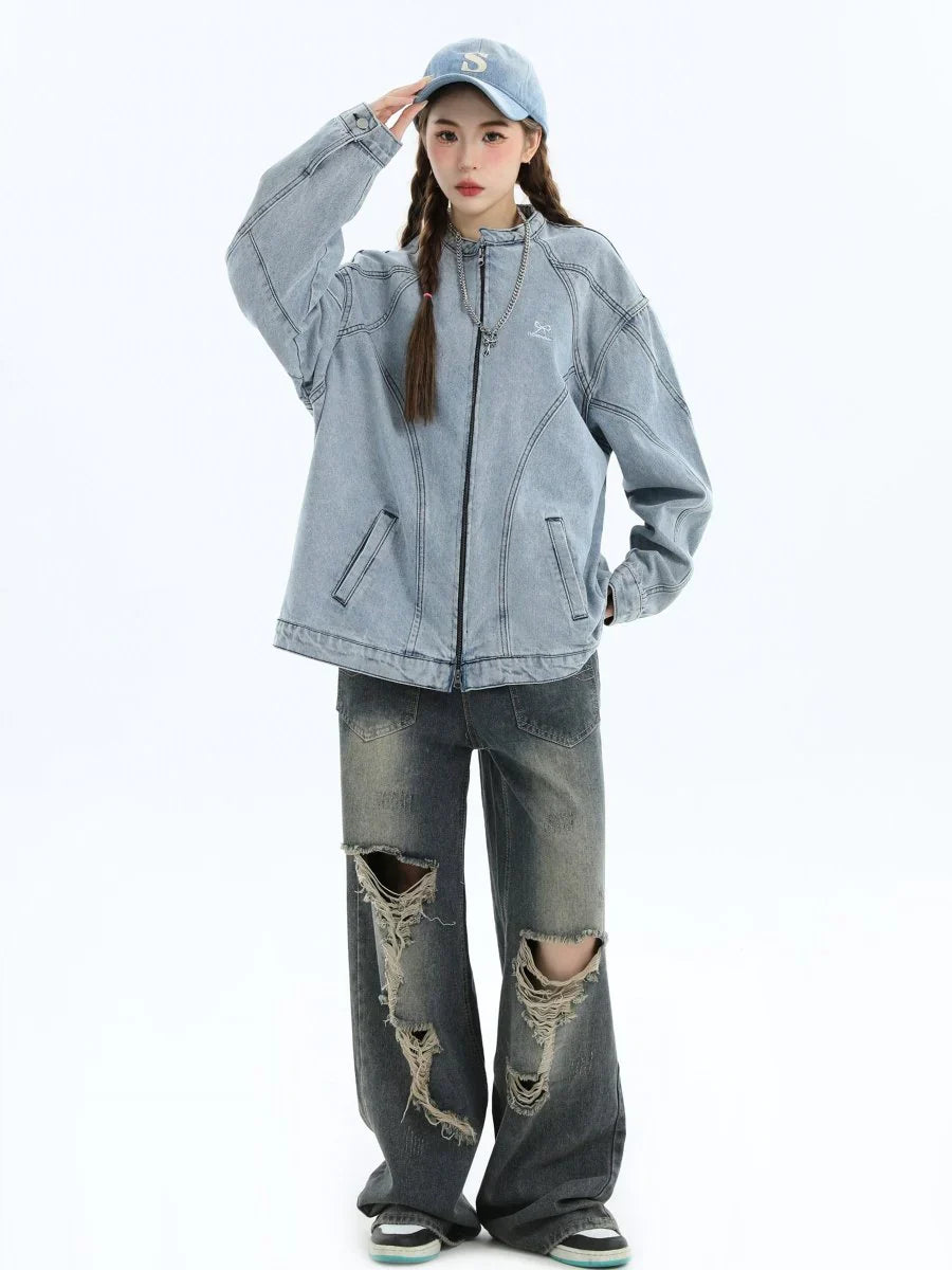[INSstudios] WASHED DENIM JACKET ZIPPER FE0480
