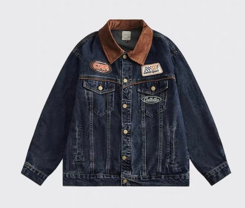 Men’s Vintage Patch Denim Jacket – American Retro Streetwear Outerwear  FE0288