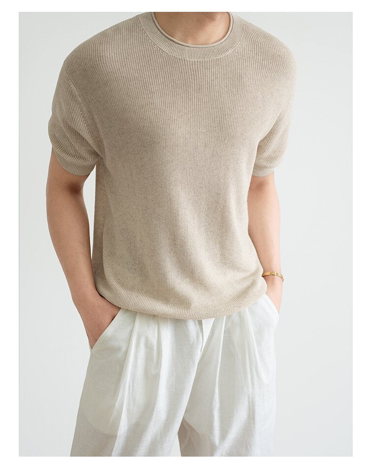 Old Money Wind Linen Lyocell Breathable Crew Neck Knitted Short Sleeve Men's Summer Casual Thin FE0717