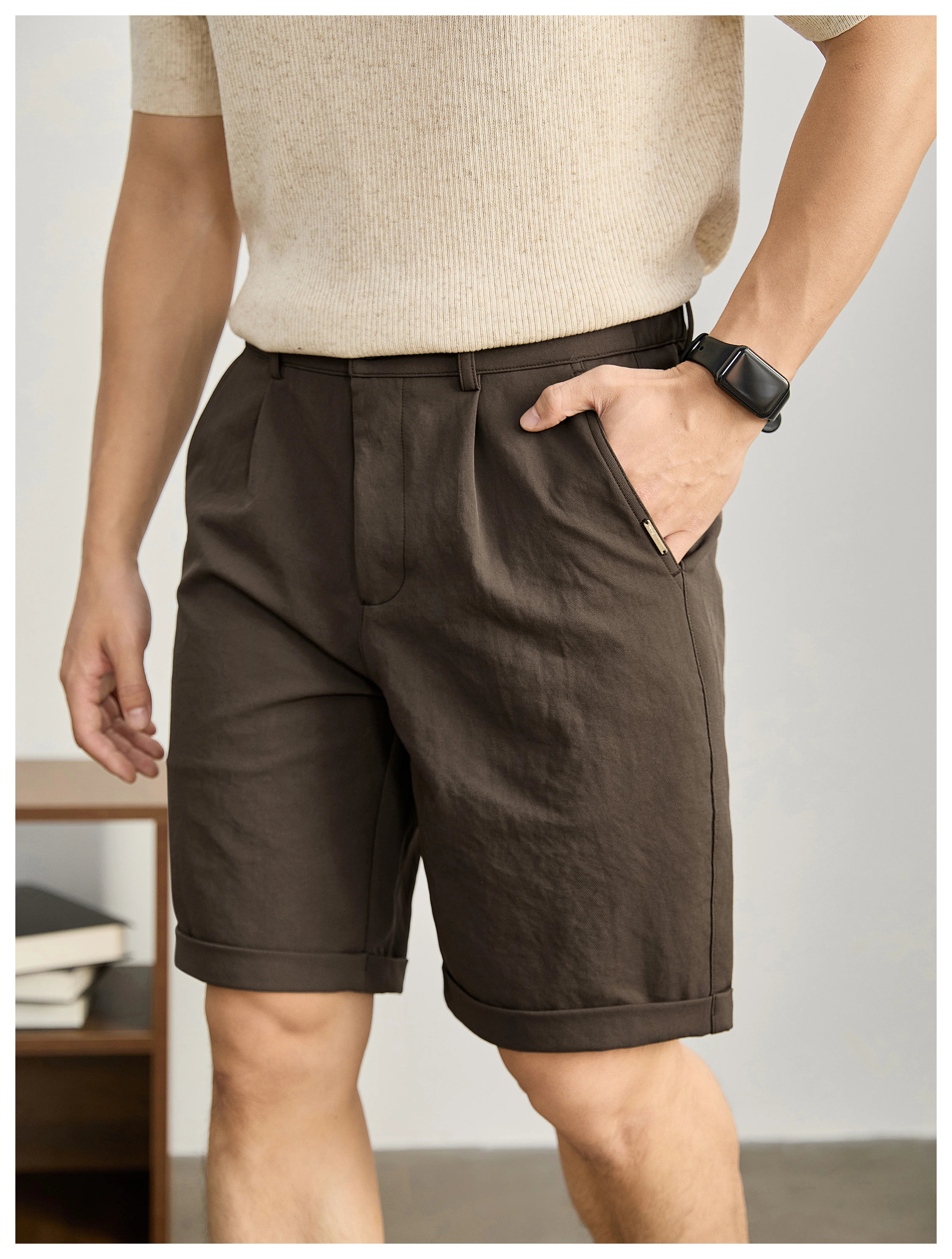 High-end light and mature wind semi-elastic waist pants twill texture pants, curled straight shorts FE0733