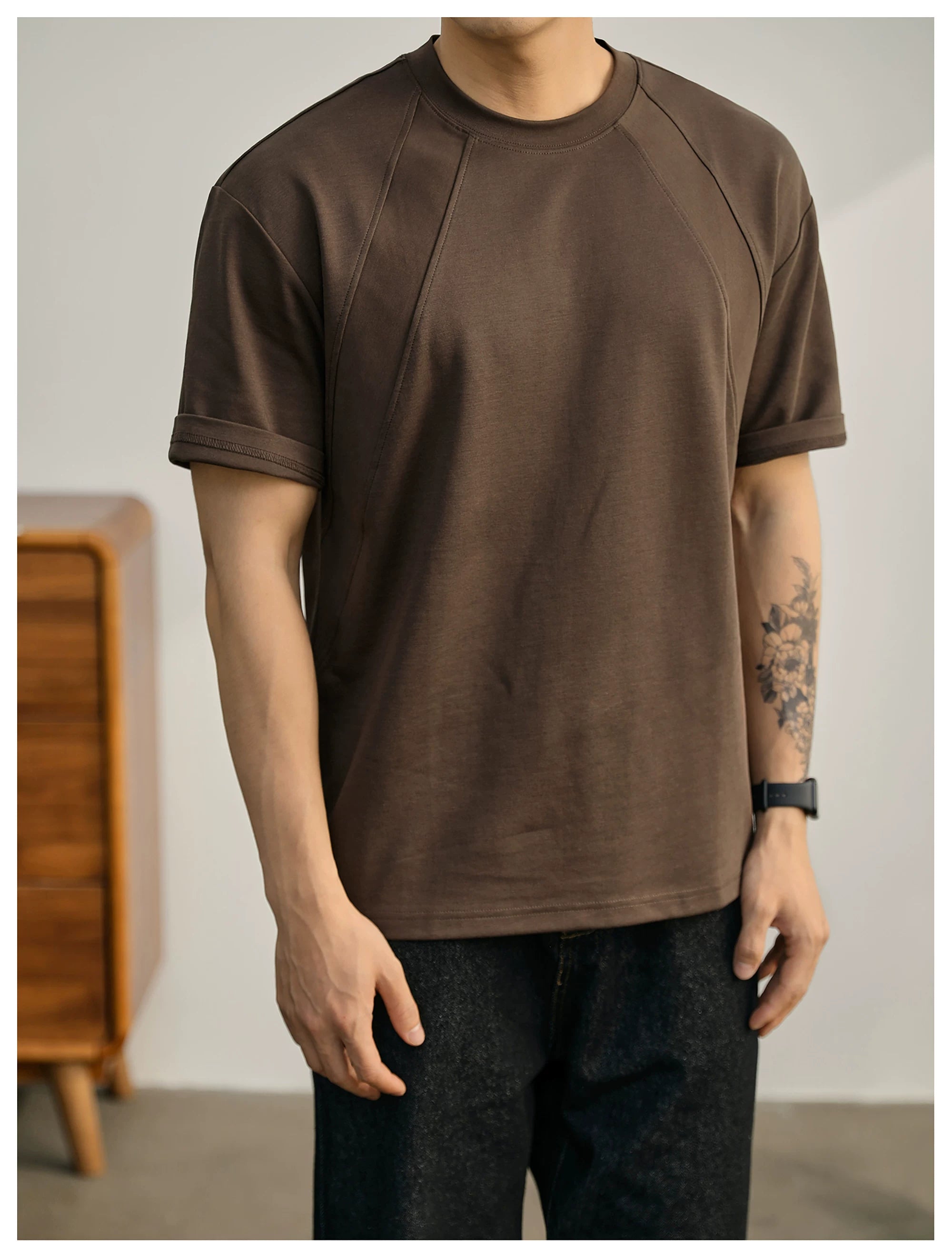 Summer American Splicing Micro Wide Half Sleeve Deconstruction Crisp T-Shirt FE0734