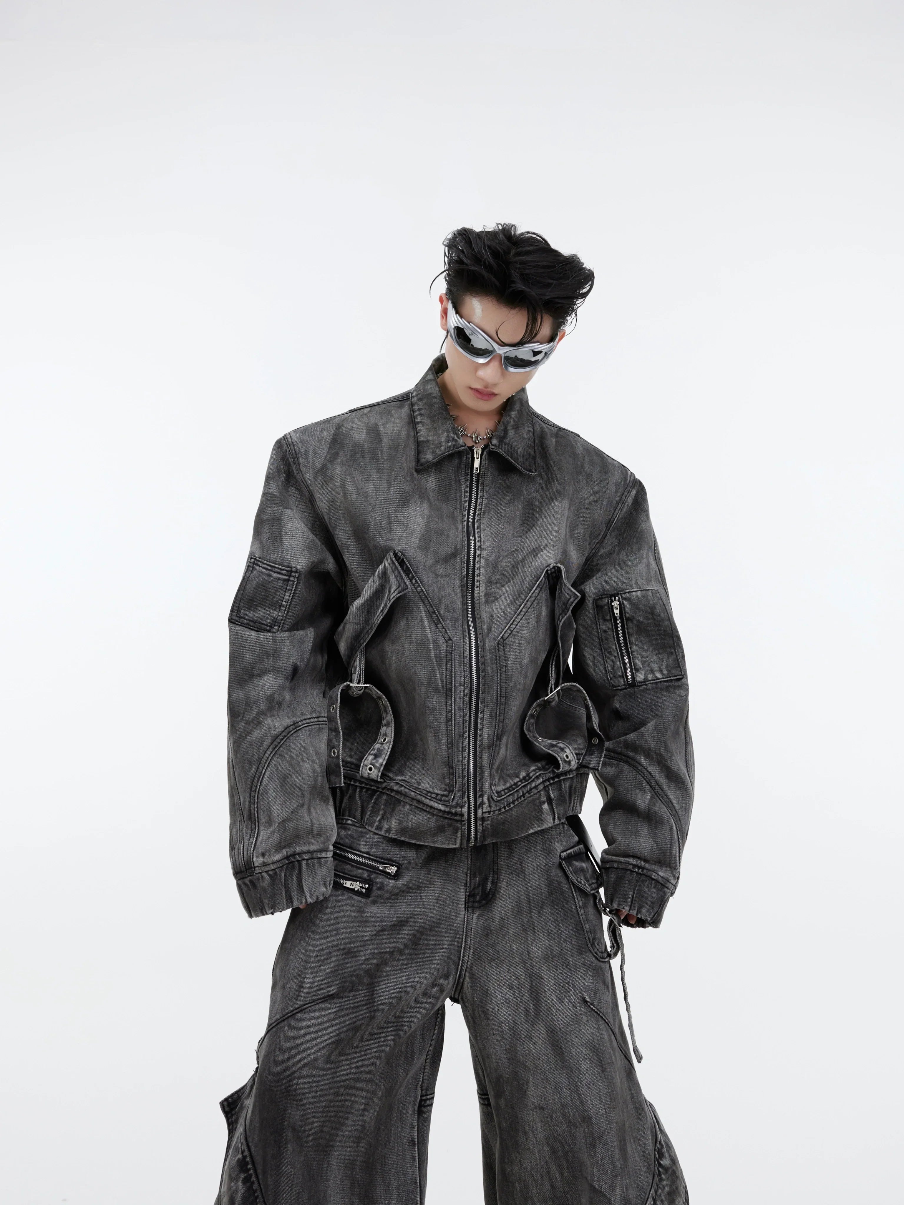 Niche retro old denim suit jacket jacket wasteland heavy zipper big pocket overalls FE0596