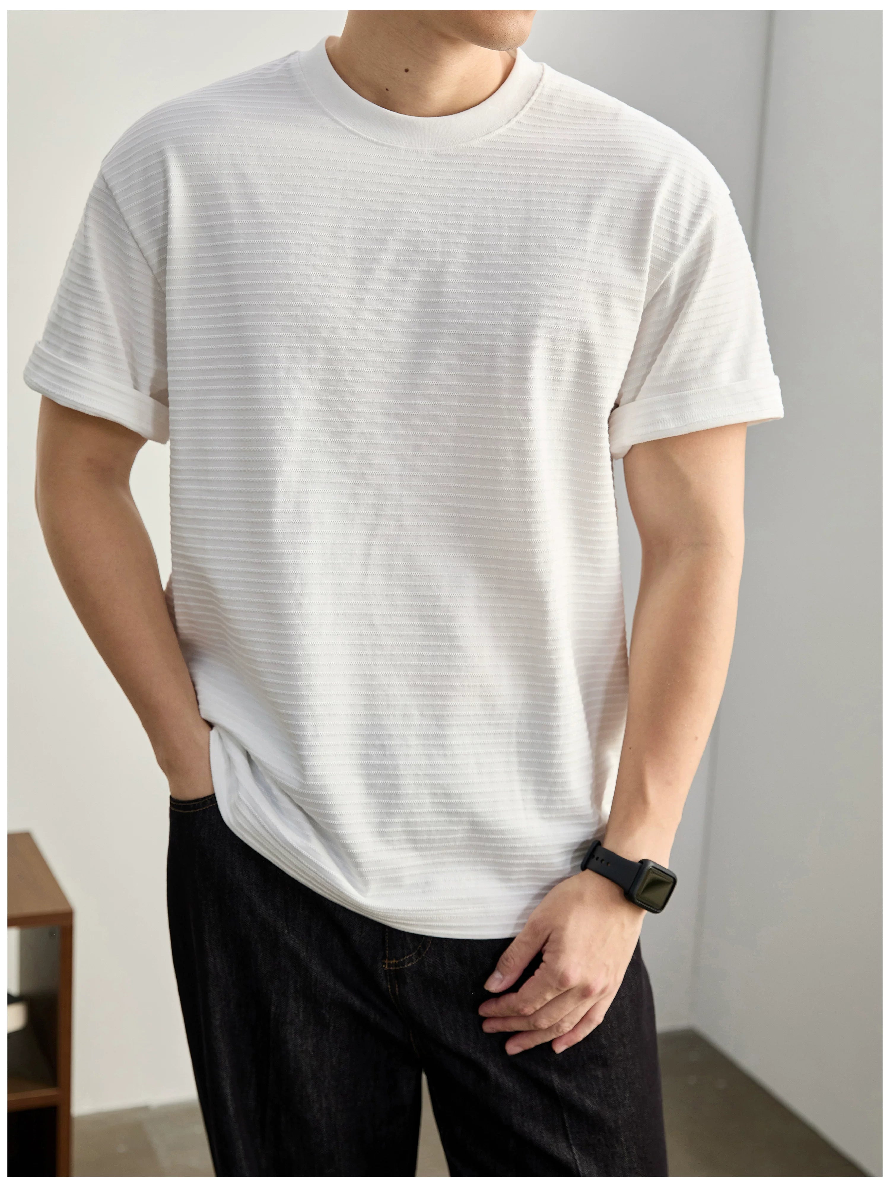 Three-dimensional horizontal jacquard texture solid color T-shirt FE0730