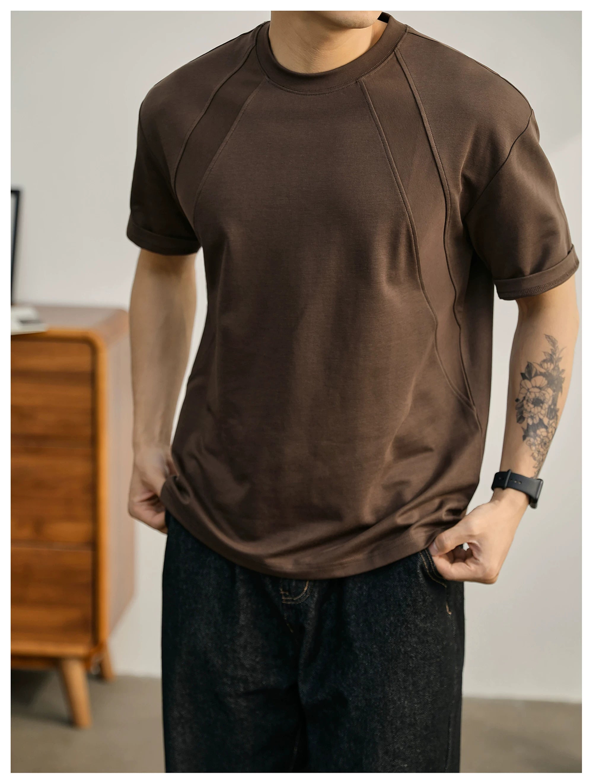 Summer American Splicing Micro Wide Half Sleeve Deconstruction Crisp T-Shirt FE0734
