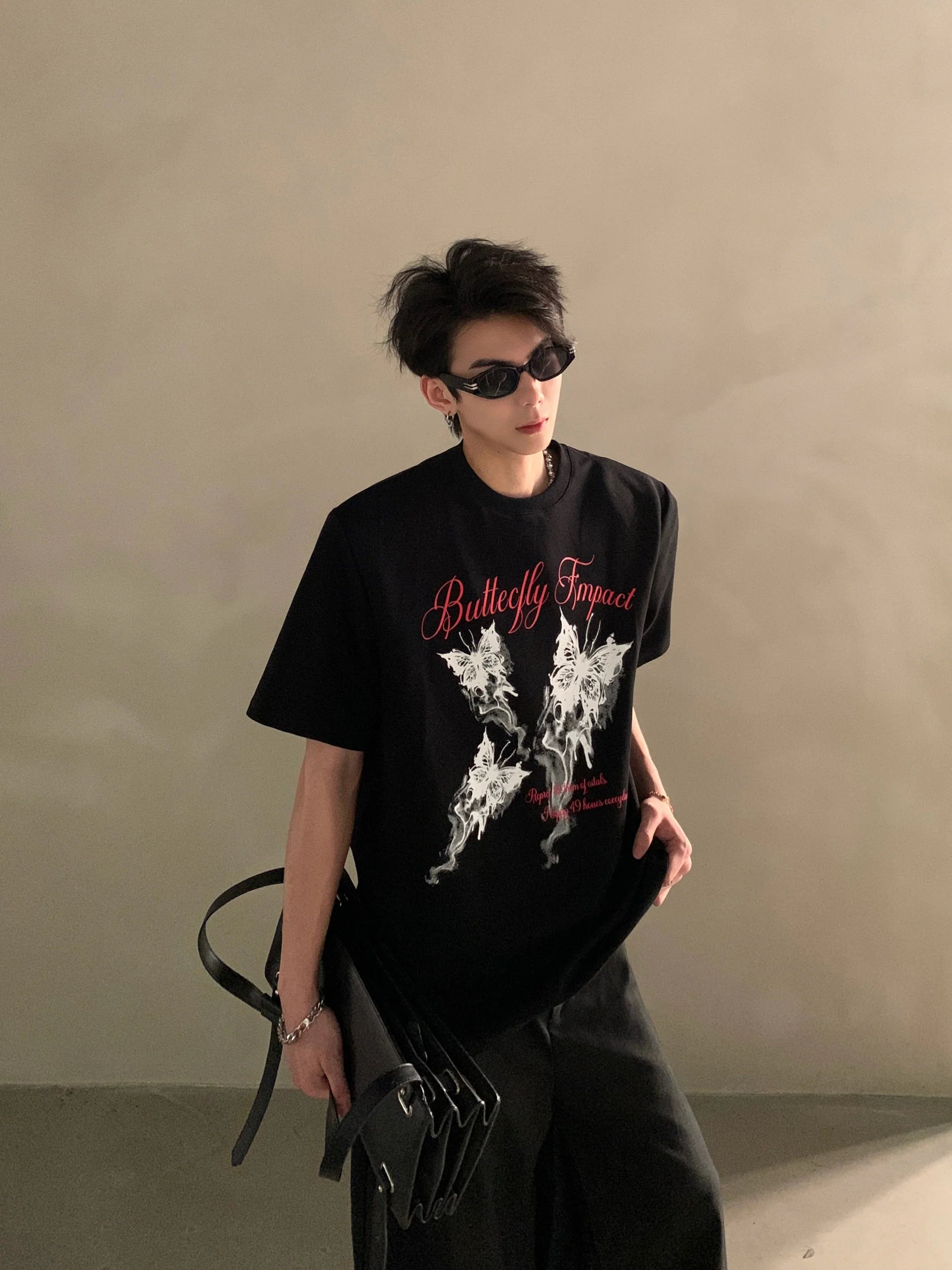 Summer niche high-end butterfly printing heavy shoulder pads short-sleeved T-shirt men's half-sleeved top tide FE0533