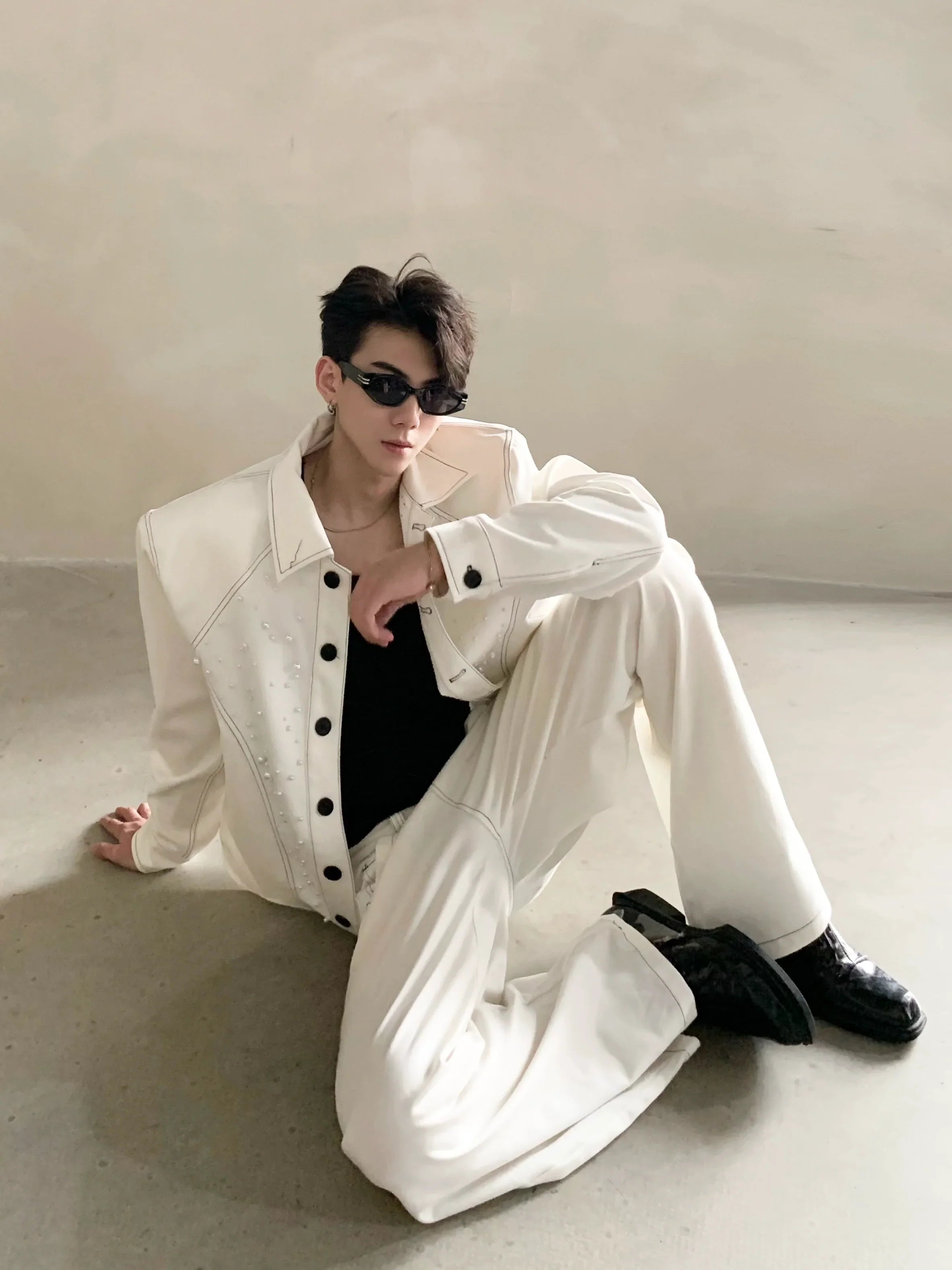 Niche high-end white shoulder padded jacket jacket men's autumn trousers suit minimalist style FE0583