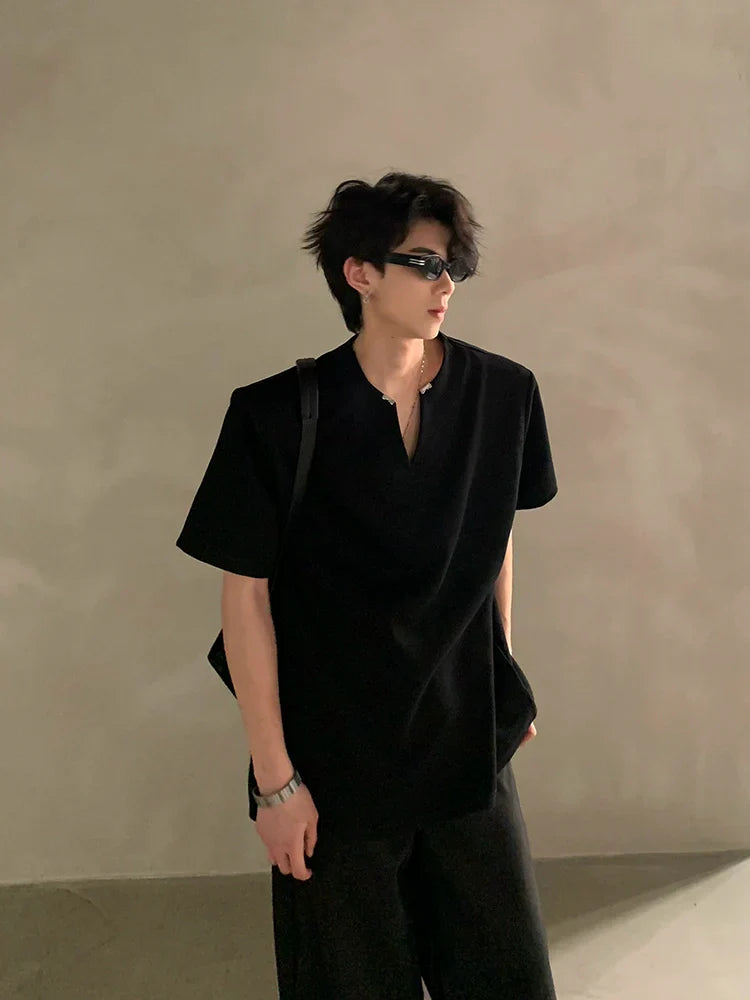 Summer high-end V-neck metal decorative shoulder pads short-sleeved T-shirt male ruffian handsome loose half-sleeved top FE0536
