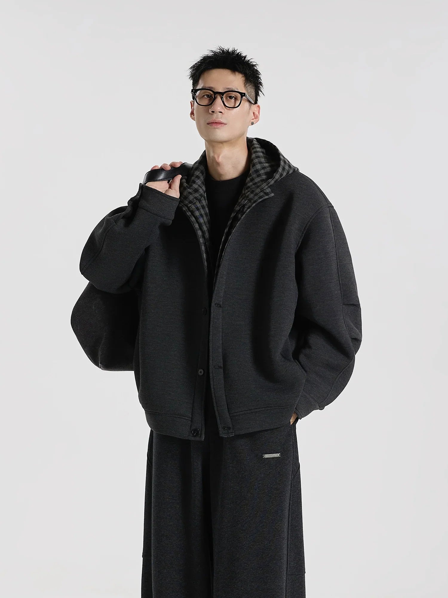 Time Overlapping" Jelly Air Layer Plaid Splicing Fake Two-piece Cardigan Hooded Sweater Jacket   FE0219