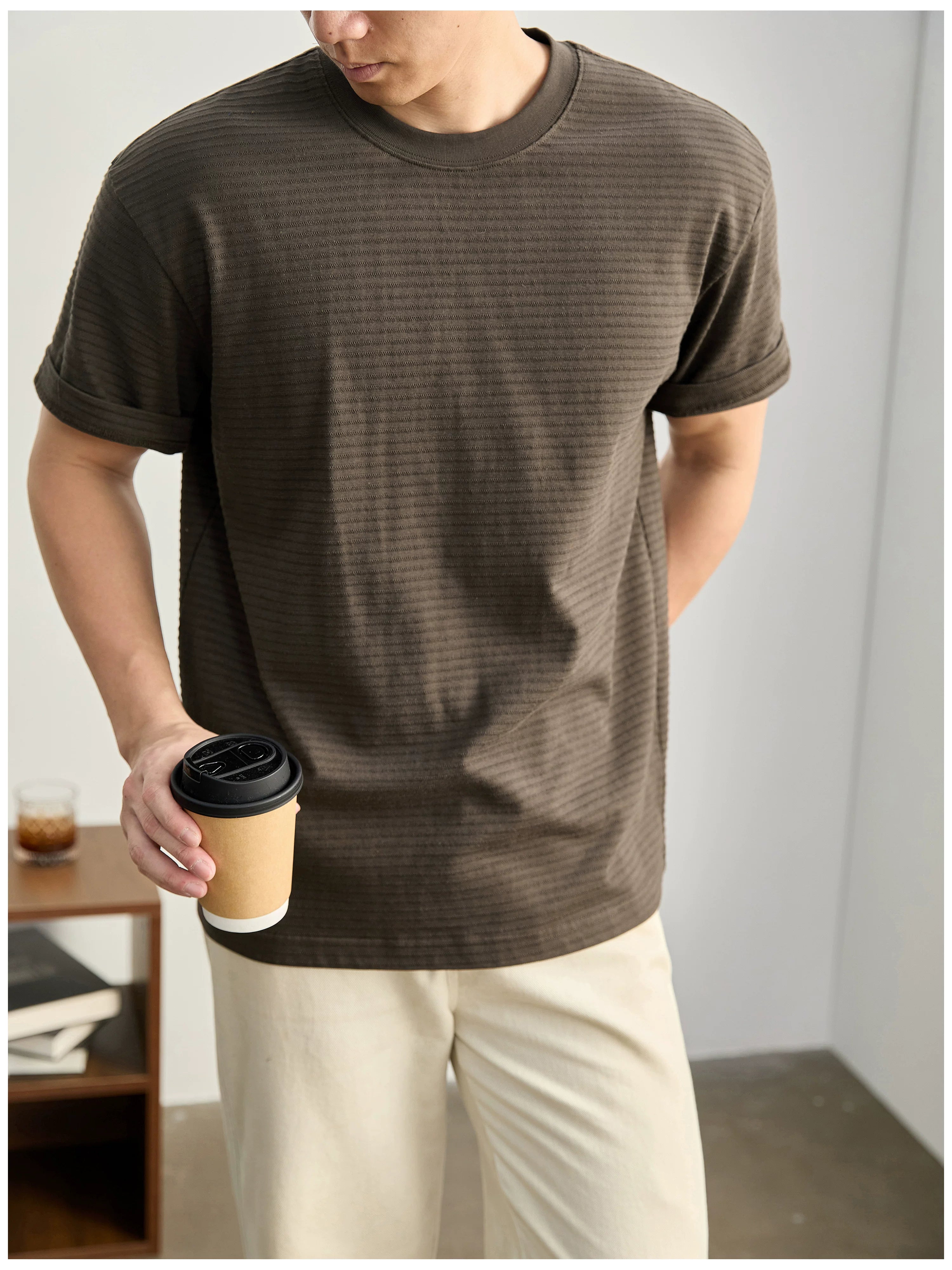 Three-dimensional horizontal jacquard texture solid color T-shirt FE0730