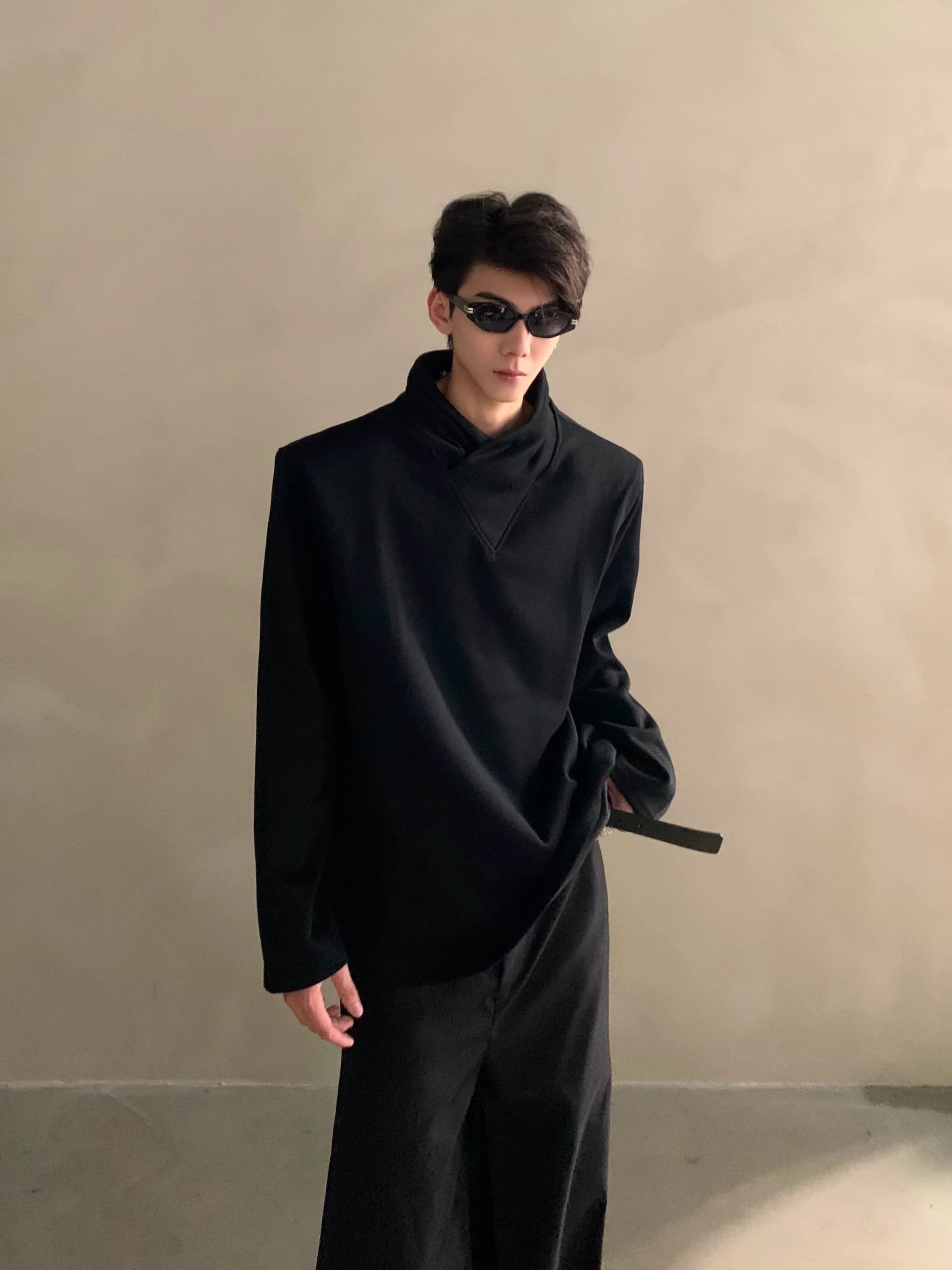 Autumn niche high-end sense stack collar silhouette long-sleeved T-shirt men's loose heavy ruffian handsome top  FE0532