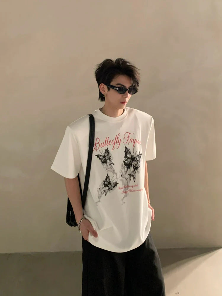Summer niche high-end butterfly printing heavy shoulder pads short-sleeved T-shirt men's half-sleeved top tide FE0533