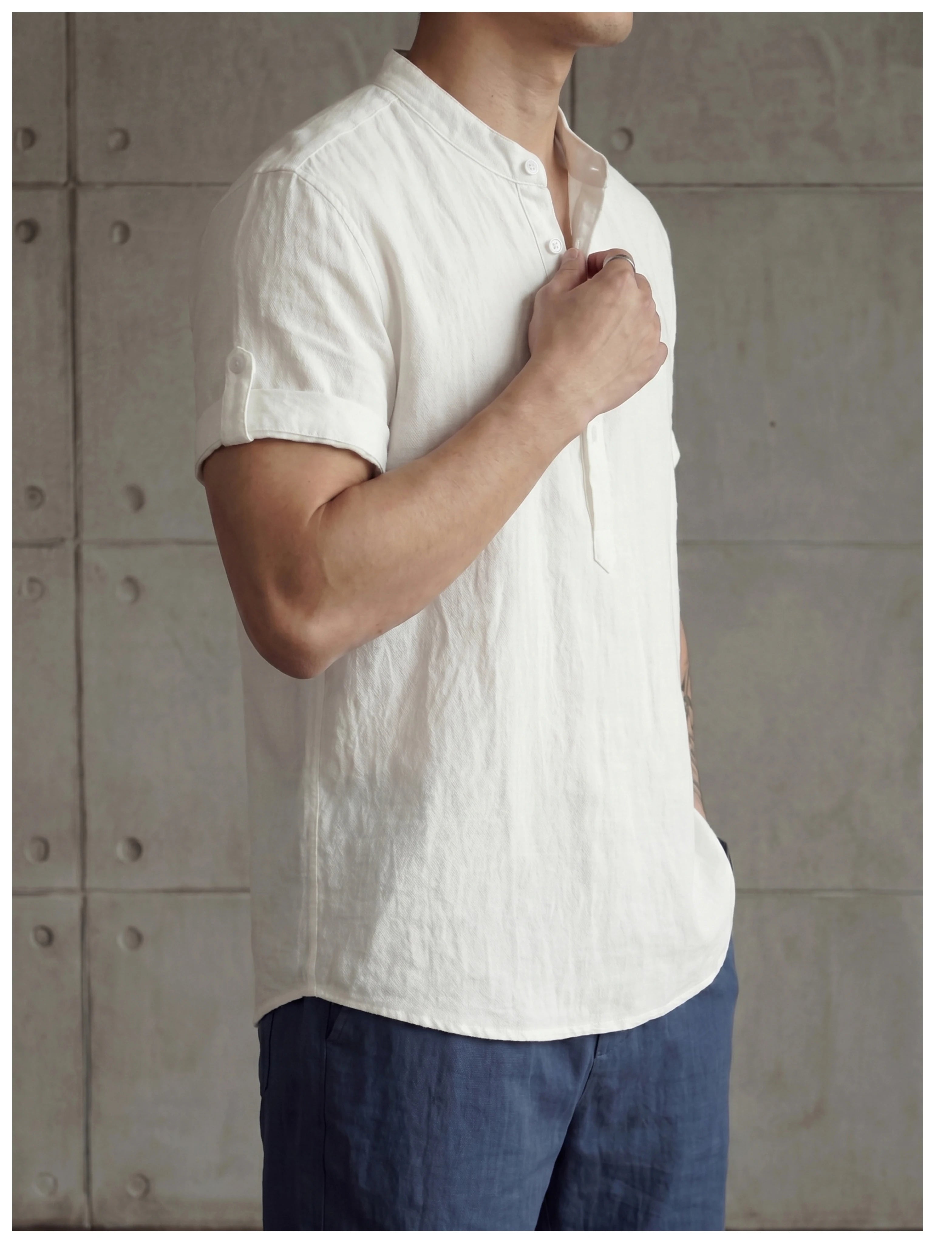 Old money wind adjustable five-quarter sleeve stand-up collar shirt FE0732