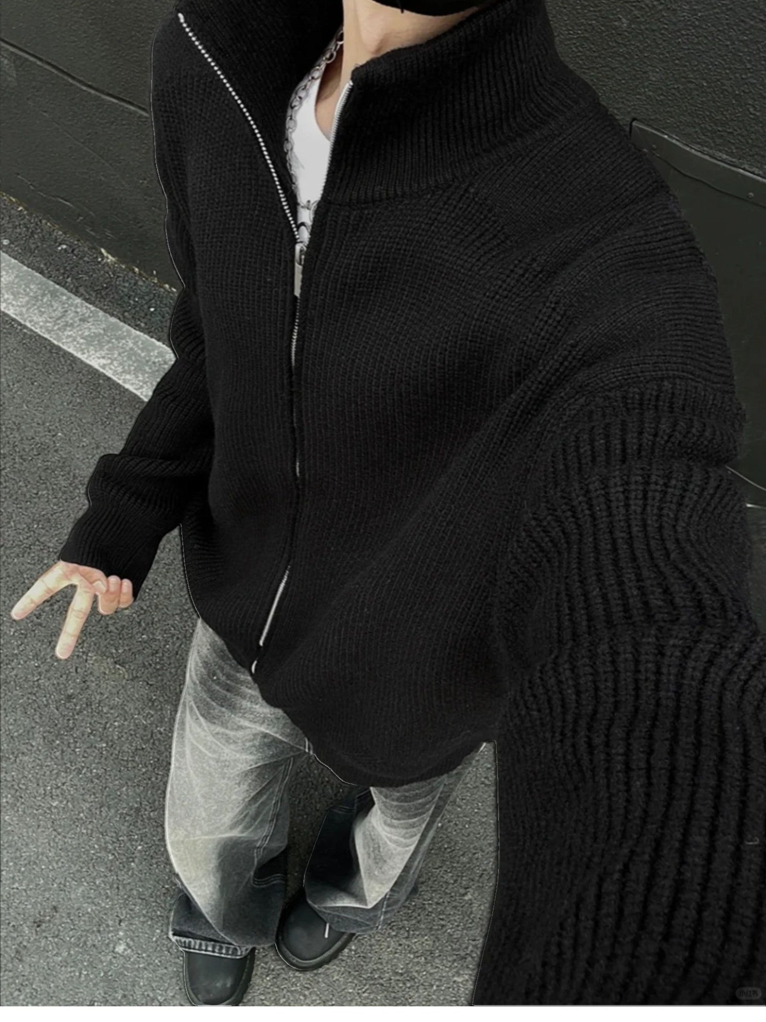 KOREAN RIBBED ZIP-UP HIGH COLLAR shirt   FE0195