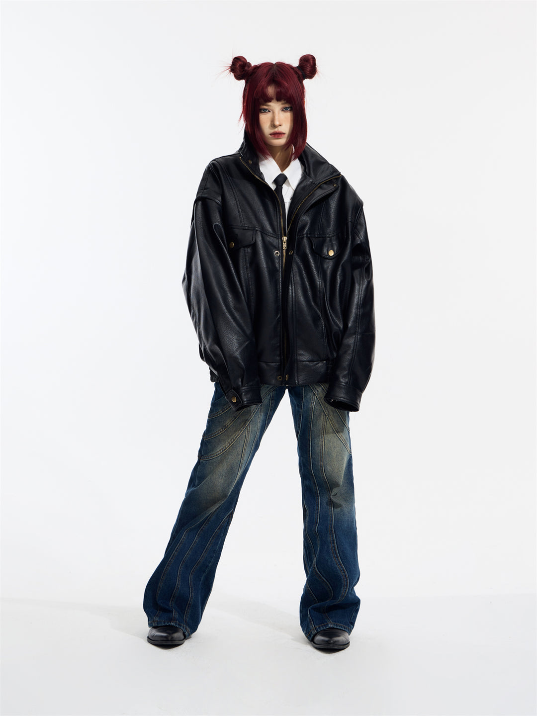 [PeopleStyle] Genderless wear silhouette fashionable leather jacket  FE0622