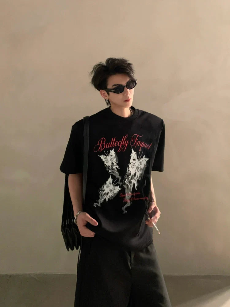 Summer niche high-end butterfly printing heavy shoulder pads short-sleeved T-shirt men's half-sleeved top tide FE0533