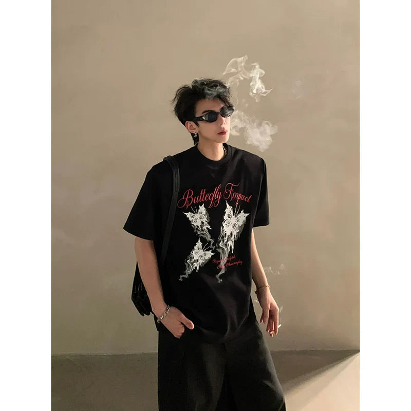 Summer niche high-end butterfly printing heavy shoulder pads short-sleeved T-shirt men's half-sleeved top tide FE0533