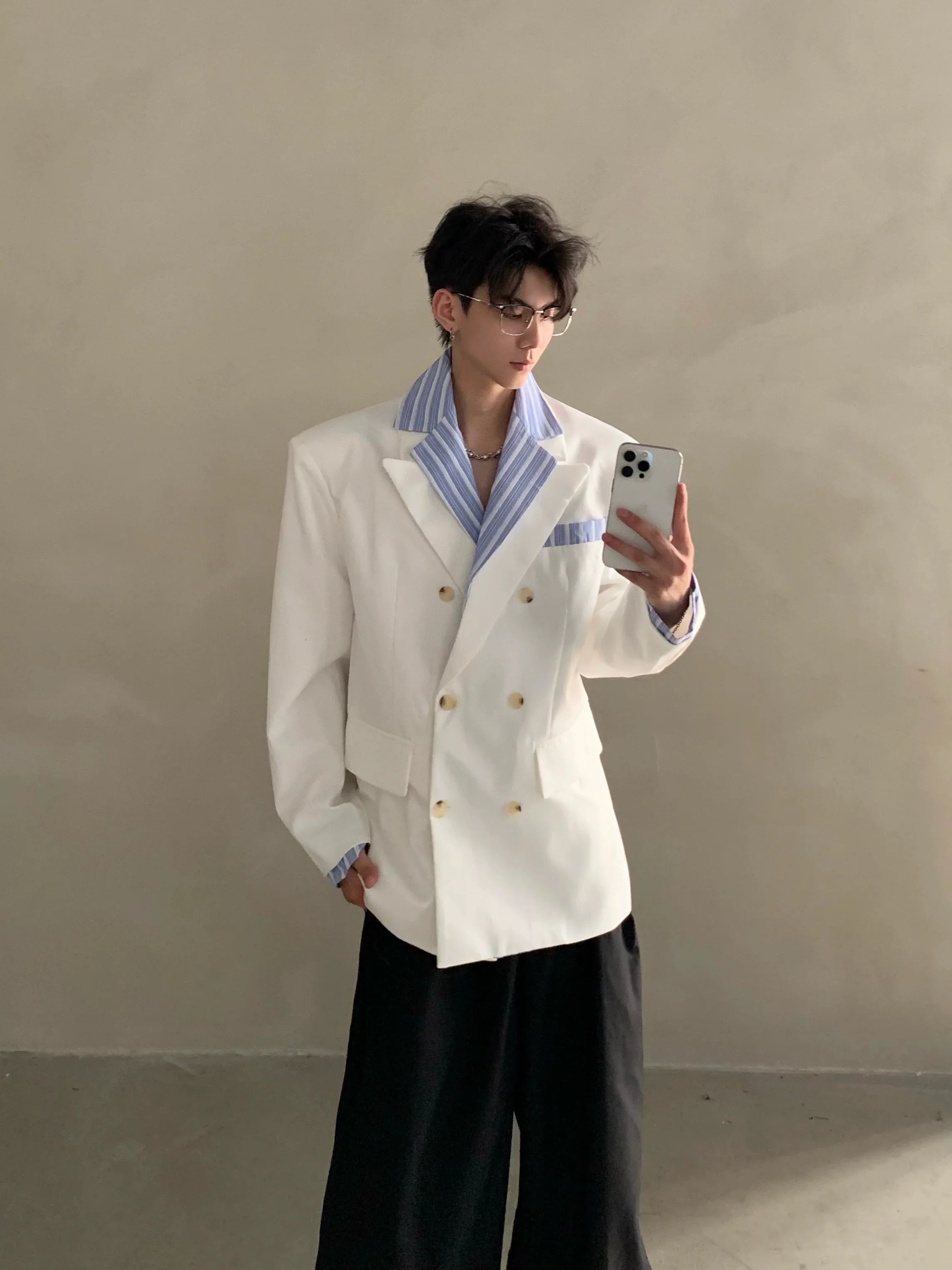 Niche high-end Miu striped shirt collar shoulder padded suit men's ruffian handsome suit jacket FE0585