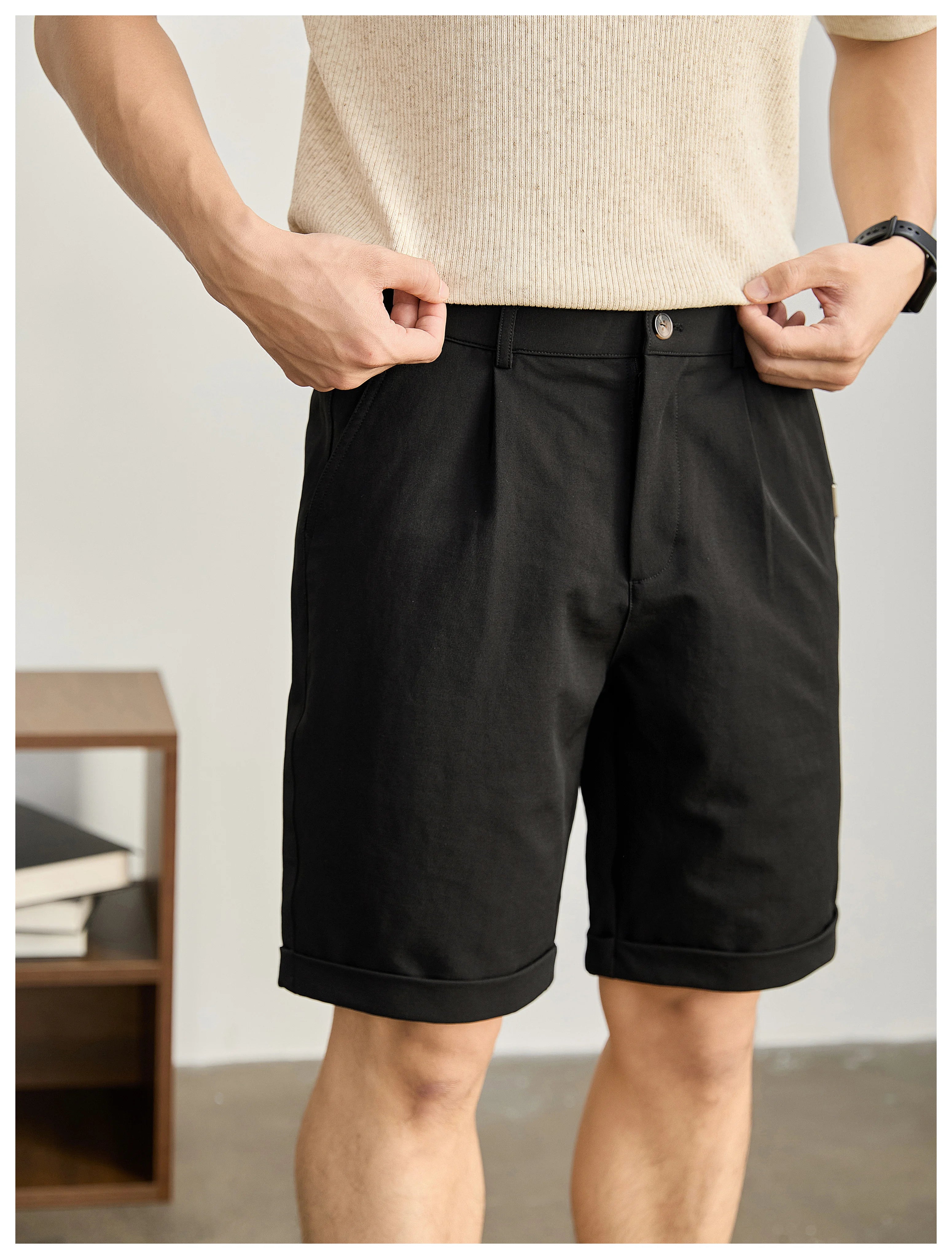 High-end light and mature wind semi-elastic waist pants twill texture pants, curled straight shorts FE0733