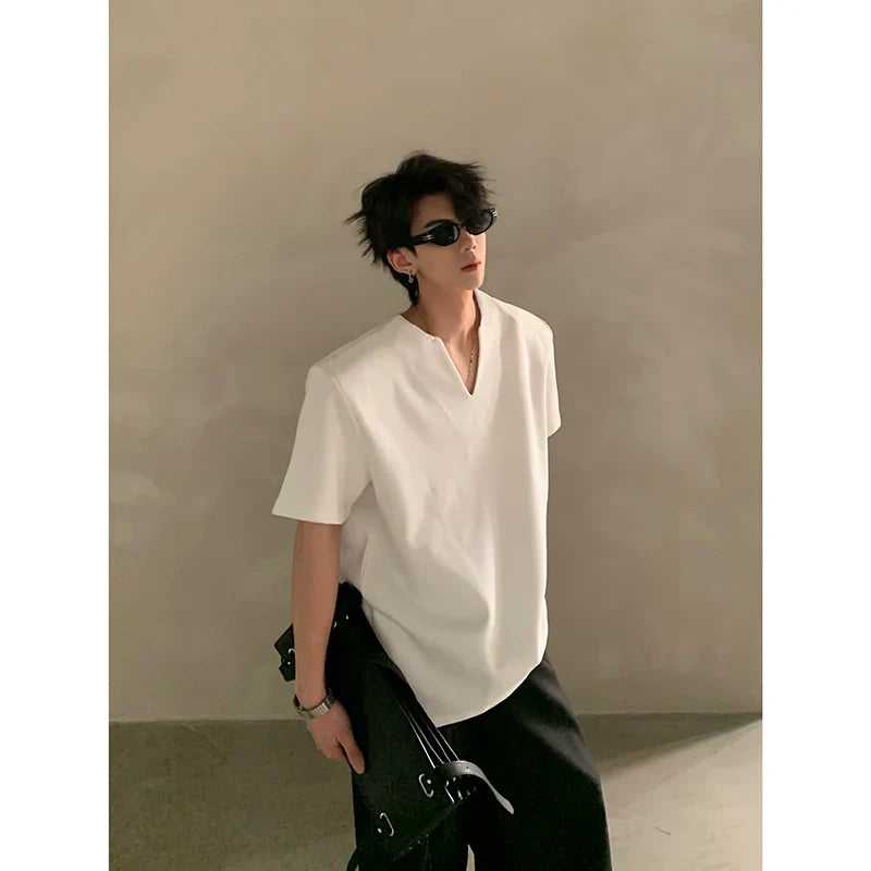 Summer high-end V-neck metal decorative shoulder pads short-sleeved T-shirt male ruffian handsome loose half-sleeved top FE0536
