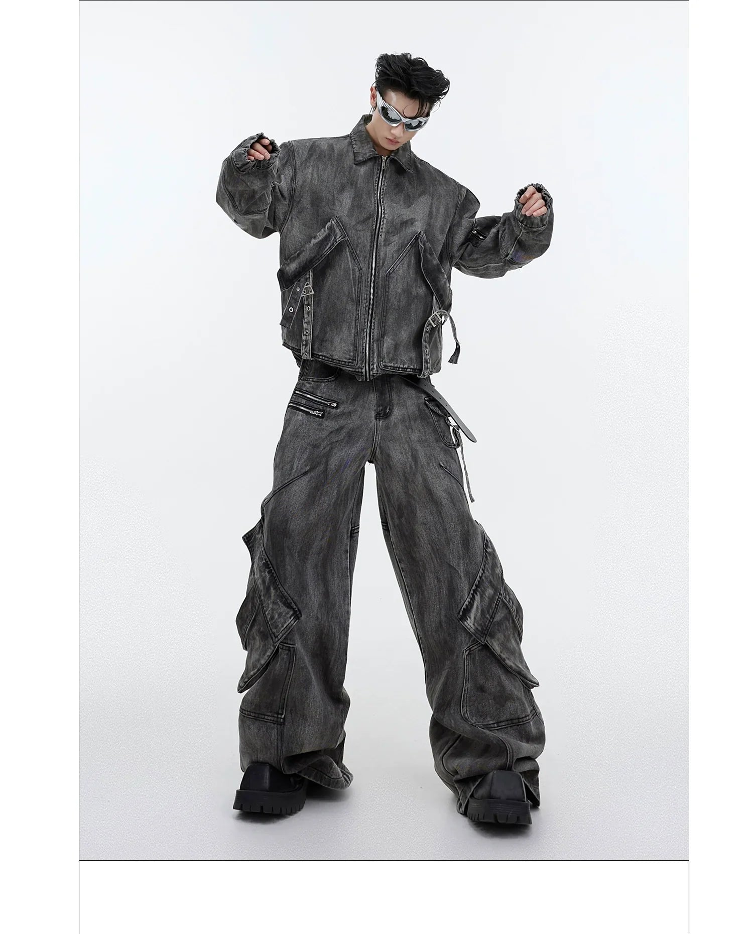 Niche retro old denim suit jacket jacket wasteland heavy zipper big pocket overalls FE0596