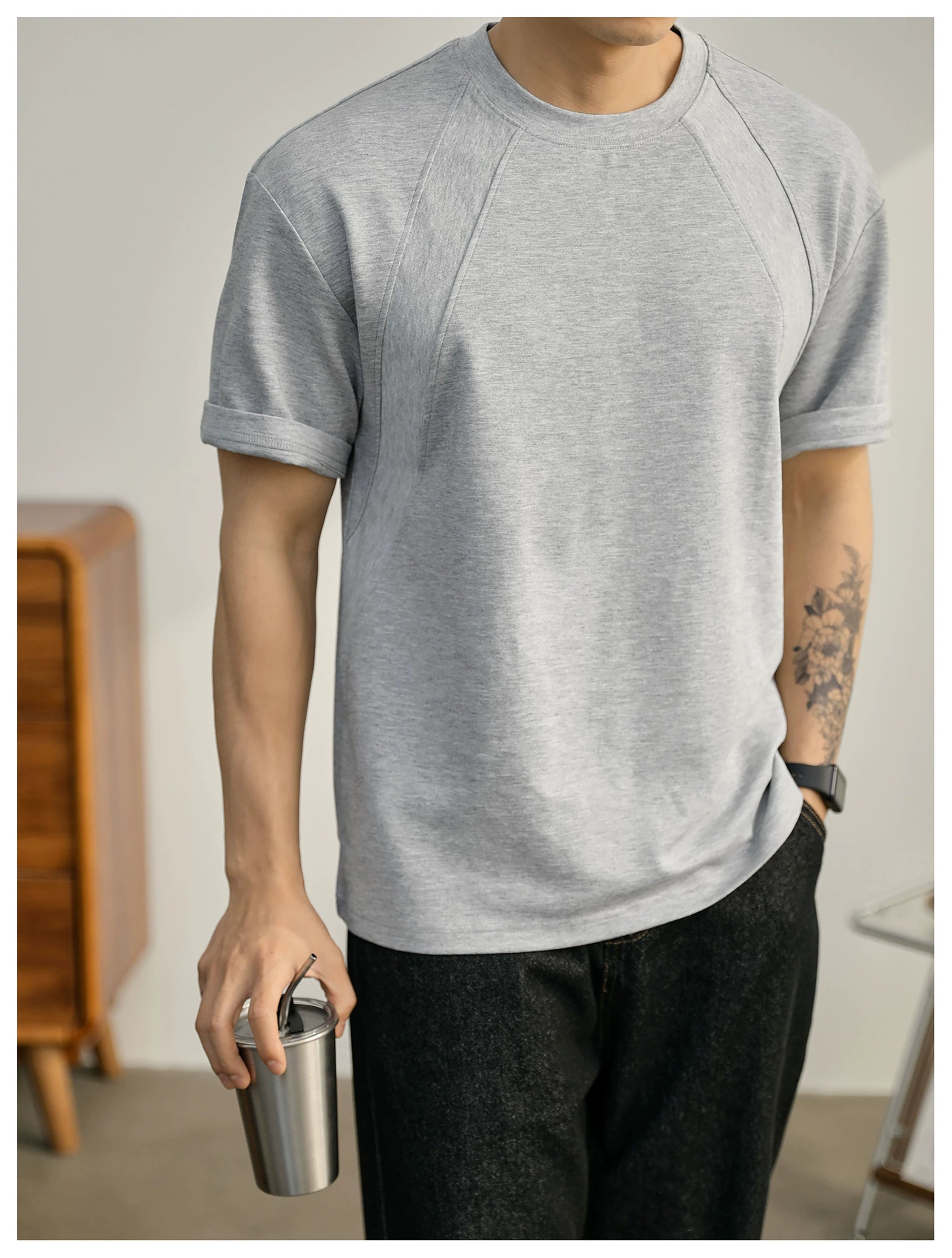 Summer American Splicing Micro Wide Half Sleeve Deconstruction Crisp T-Shirt FE0734